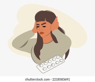 Young Woman With Head And Ear Pain. He Holds His Hands On His Head, Covers His Ears. Near Tablets For Treatment. Flat Vector Illustration.