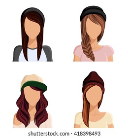 Young woman head girl avatars set of styles of haircuts and hairstyles, isolated vector illustration