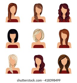 Young woman head girl avatars set styles haircuts and hairstyles, brunette. Isolated vector illustration