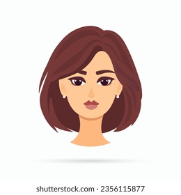 Young woman, head portrait. Beautiful girl face avatar. Beautiful attractive female character. Vector illustration