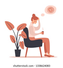 Young woman with headache drinking hot coffee while sitting in chair. Vector illustration isolated from white background