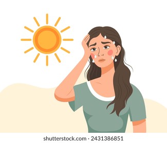 Young woman with headache from sunstroke or heat. Healthcare and medicine. Illustration, vector