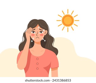 Young woman with headache from sunstroke or heat. Healthcare and medicine. Illustration, vector