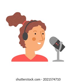 Young woman with headphone and microphone broadcasting vector illustration. Flat style smiling speaker character record podcast with headset and mic. Interview talk show concept, caucasian female host