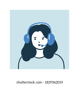 Young woman with headphone and microphone. Call center operator. Online training. Call the zoom. Vector illustration.