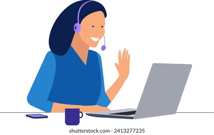 Young woman with headphones and computer, concept of online Customer service, support or call center.