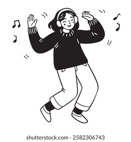 A young woman in headphones dances joyfully to the music. She wears a cozy sweater and pants, moving freely in an expressive pose. Minimalist monochrome artwork.