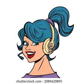 a young woman with headphones with a headset, a gamer streaming or an online support operator