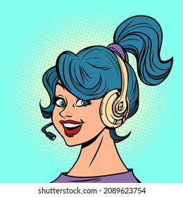 a young woman with headphones with a headset, a gamer streaming or an online support operator