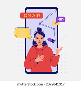 Young woman with headphones is hosting a podcast online in live streaming. Concept of audio recording of a vlog, broadcast, lecture in a mobile application. Flat vector illustration.