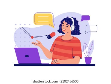 Young woman with headphones is hosting a podcast in live streaming in studio. Concept of online audio recording of a vlog, broadcast, lecture. Girl with computer and mic. Flat vector illustration.