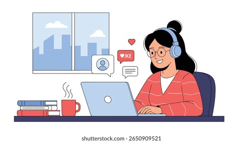 Young woman in headphones learning online via laptop and books on desk with coffee enjoying digital education and remote studying