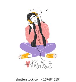 Young woman in headphones listening to music. Relaxed woman with eyes closed enjoying music. Vector cartoon illustration.