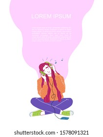 Young woman in headphones listening to music. Relaxed woman with eyes closed enjoying music. Vector cartoon illustration with place for text