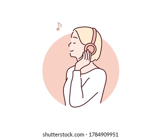 Young woman with headphones listening to music. Hand drawn style vector design illustration.