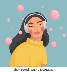 Young woman with headphones listening to music. Concept of relaxation, good mood, rest. Vector illustration.