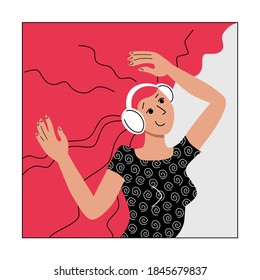 Young woman with headphones listening to music and dancing. Hand drawn social media avatar user icon. Character concept illustration website design. Stock vector flat illustration isolated on white.