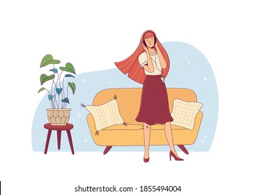 Young woman with headphones listening to music and enjoying life in room at home on light blue background. Flat vector concept of positive thinking and mental balance