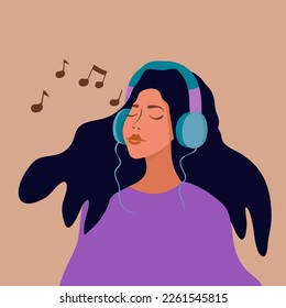 Young woman with headphones listening to music. Music therapy, relaxation, good mood, rest. Vector illustration.