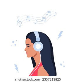 Young woman with headphones listening to music. Concept of relaxation, good mood, rest. Vector illustration