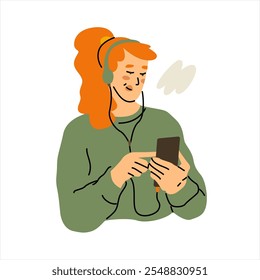 Young woman in headphones listening to music and dancing. Good mood and happiness. Listening to audio podcasts. Vector illustration isolated on transparent background.
