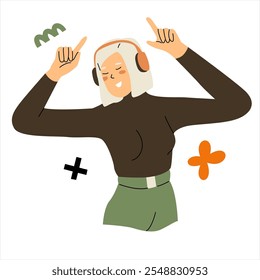 Mujer joven con auriculares escuchando música y bailando. Buen sentimiento y felicidad. Escuchando podcasts de audio. Ilustración vectorial aislada sobre fondo transparente.