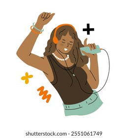 Mujer joven con auriculares escuchando música y bailando. Buen sentimiento y felicidad. Escuchando podcasts de audio. Ilustración vectorial aislada sobre fondo transparente.