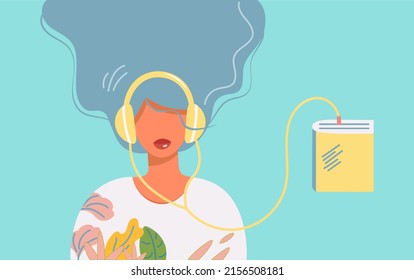 Young woman in headphones listens to audiobook lessons. Modern flat character. Concept of musical pastime, listening to audio, learning in headphones. Vector isolated with a girl in bright clothes.