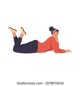 A young woman with headphones is lying on the floor. The girl listens to music, podcast, audiobook. Flat vector illustration