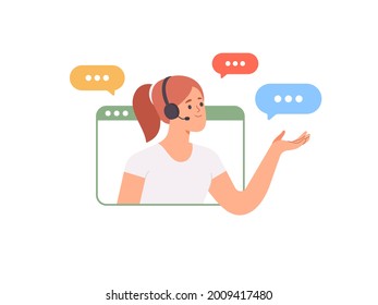 Young woman in headphones with microphone consulting client on phone in customer support service. How can I help you? Work in call center