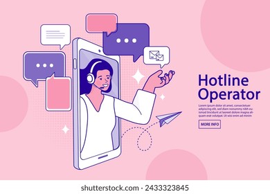 Young woman with headphones, microphone and laptop. Customer service, support or call center concept. Social media network. Hotline operators consult customers on computers. Vector illustration.