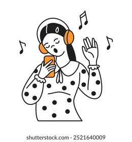 Young woman in headphones singing karaoke using smartphone on white. Cheerful lady rests enjoying favorite music character illustration