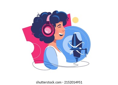 Mujer joven con auriculares cantando en estudio de grabación ilustración vectorial.