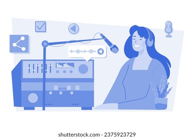 Young Woman In Headphones Singing In The Recording Studio