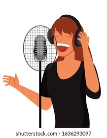 Young woman in headphones singing song in microphone. Female cartoon character recording song in audio studio. Radio broadcaster, singer vocalist, artist isolated on white. Vector illustration design