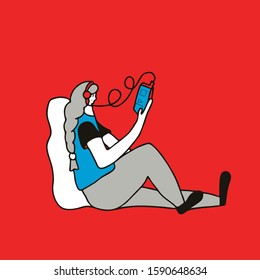 Young woman in headphones sitting and listening a music or audiobooks. Attractive girl with long braid spending time with her phone. Teenager leaning on a pillow with smartphone. Vector illustration. 
