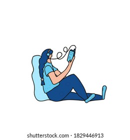 Young woman in headphones sitting and listening a music or audiobooks. Attractive girl with long braid spending time with her phone. Teenager leaning on a pillow with smartphone. Vector illustration. 