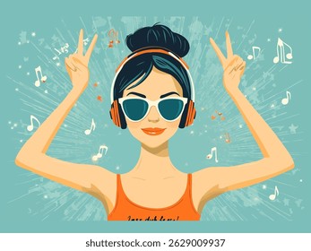 young woman in headphones smiling and enjoying music