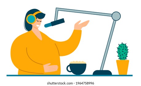 Young woman in headphones speaks into a microphone. Radio broadcast, podcast. Radio news flat vector illustration. The radio DJ is broadcasting online.