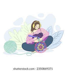 young woman in headphones and a trendy crochet top is crocheting a granny square. Vector illustration of a hobby, infatuation
