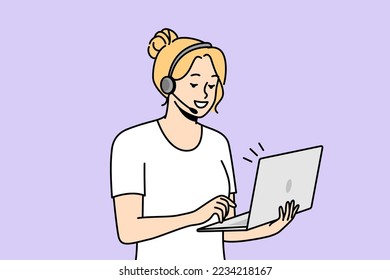 Young woman in headset holds laptop, communicates with colleagues or friends. Distant working at home. Remote business, telework, online education, telemeeting. Vector minimalistic modern design.