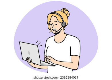 Young woman in headset holds laptop, communicates with colleagues or friends. Distant working at home. Remote business, telework, online education, telemeeting. Vector minimalistic modern design.