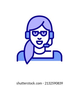 Young woman in headset working as a telemarketing manager. Pixel perfect, editable stroke, color icon