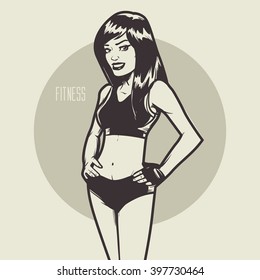 young woman with healthy slim body, woman in sportswear, promoting healthy lifestyle, fitness concept, vector illustration