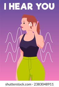 Young woman with hearing aid, vector illustration on banner. Female character on template for medical design, deaf pretty girl with hearing problems. Simple picture drawing in cartoon flat style.