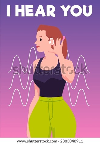Young woman with hearing aid, vector illustration on banner. Female character on template for medical design, deaf pretty girl with hearing problems. Simple picture drawing in cartoon flat style.