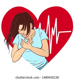 A young woman with a heart attack, vector illustration isolated on white.