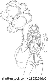 Young woman with heart shaped balloons. Girl shows victory sign. Vector outline for coloring page 