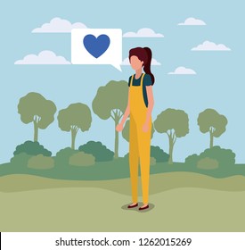 young woman with heart in speech bubble on the camp