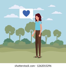 young woman with heart in speech bubble on the camp
